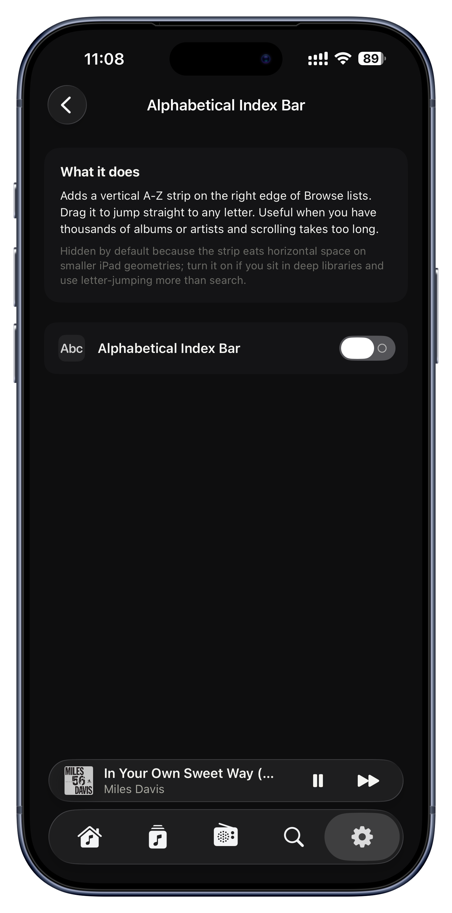 The alphabetical index bar