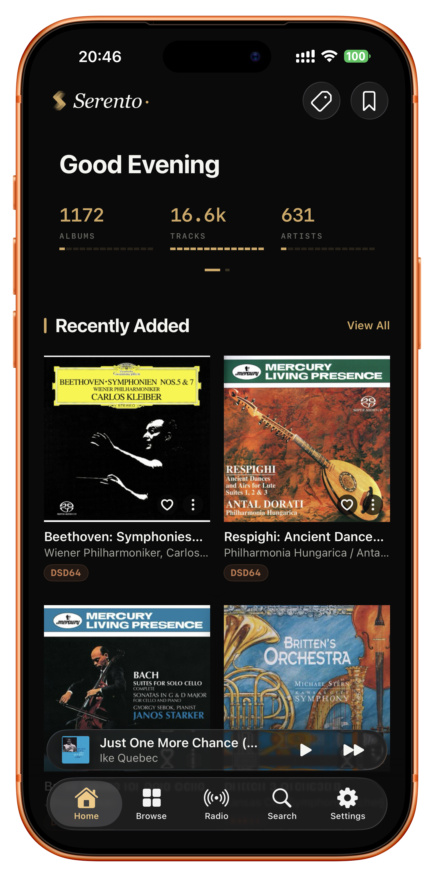 Serento iOS home screen: library at a glance