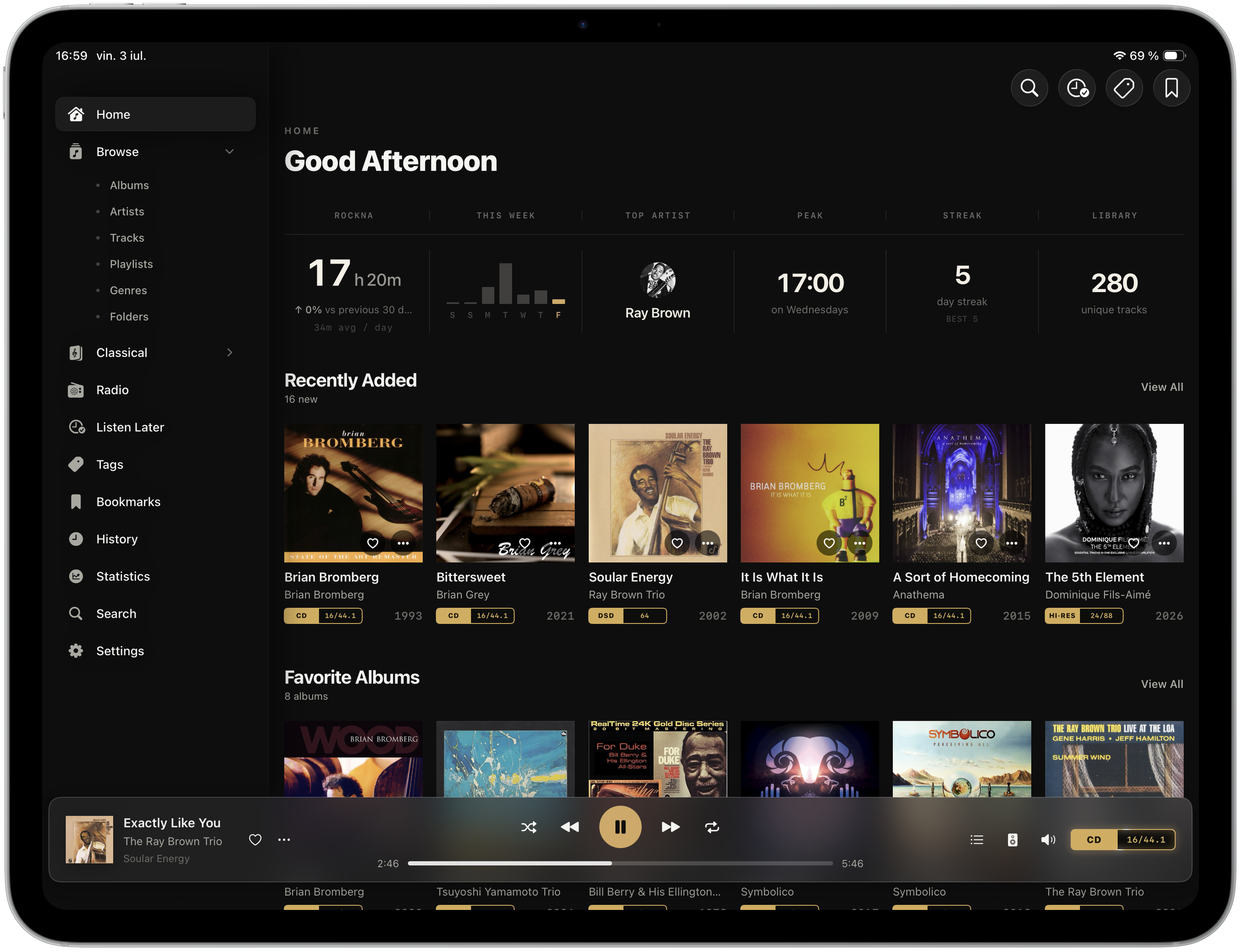Serento on an iPad: album browse grid with sidebar