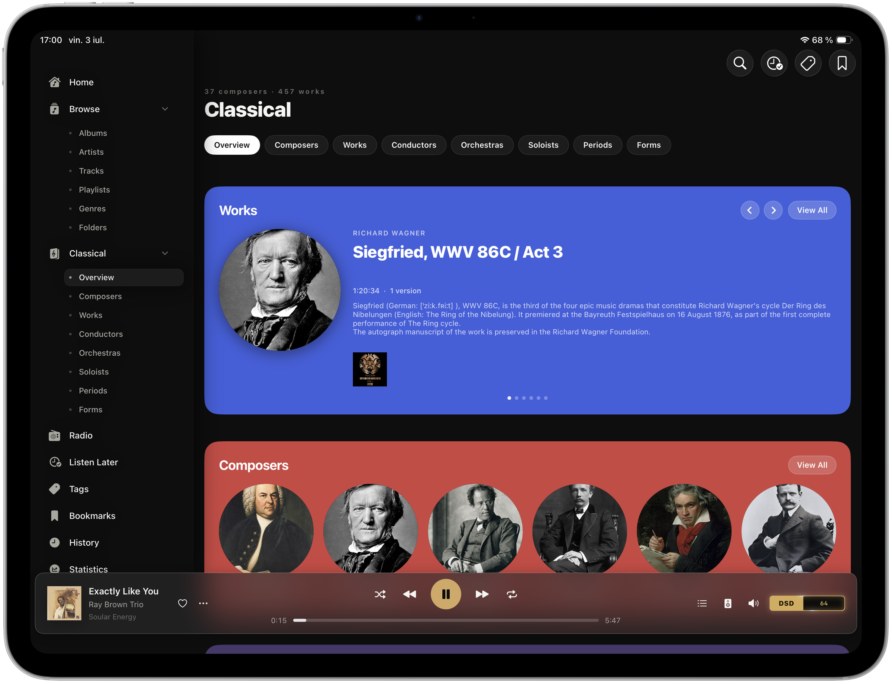 Serento on an iPad: classical section with composers, works, conductors and orchestras