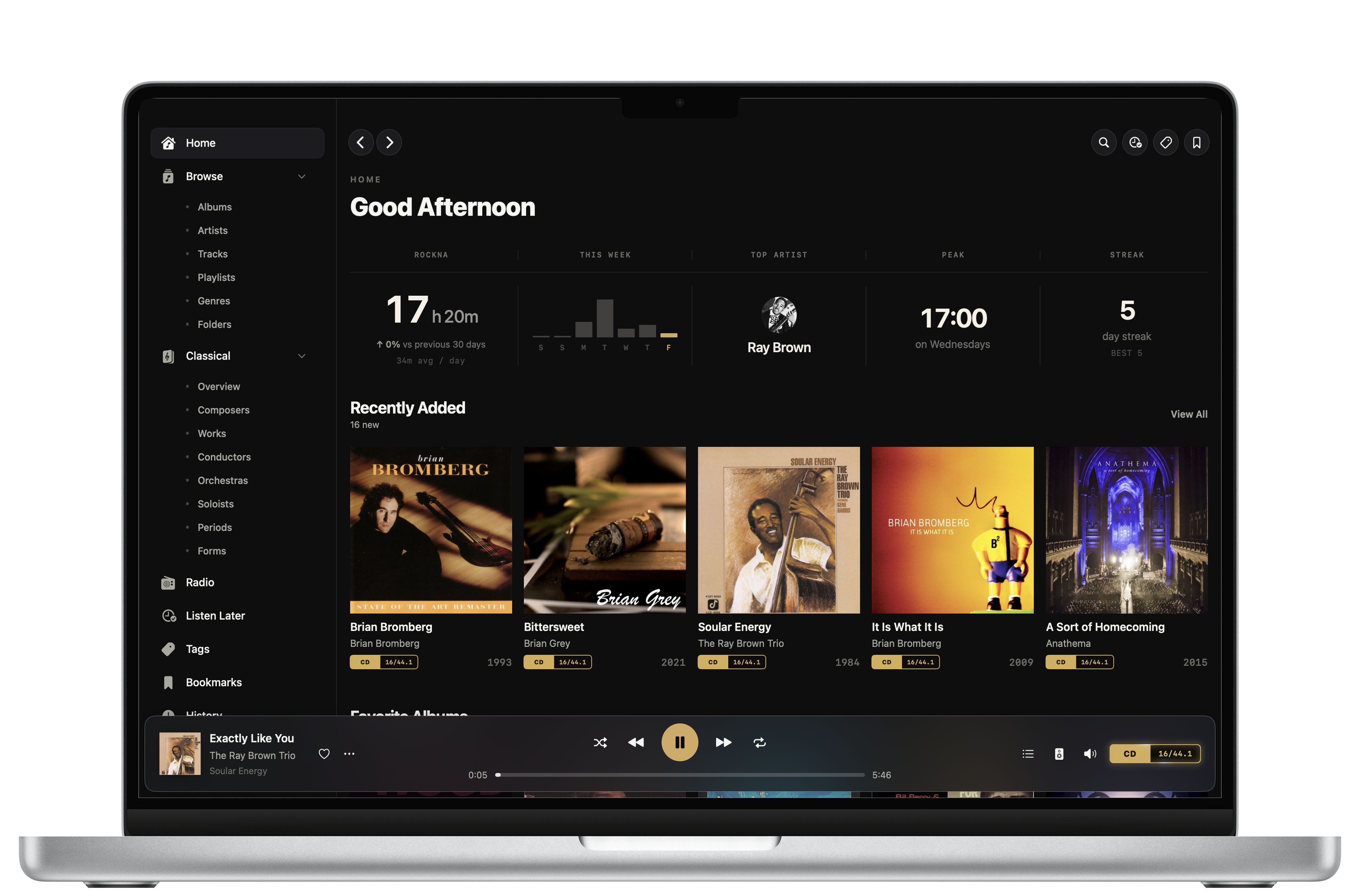 Serento on a MacBook: home view with recently added and favorite albums