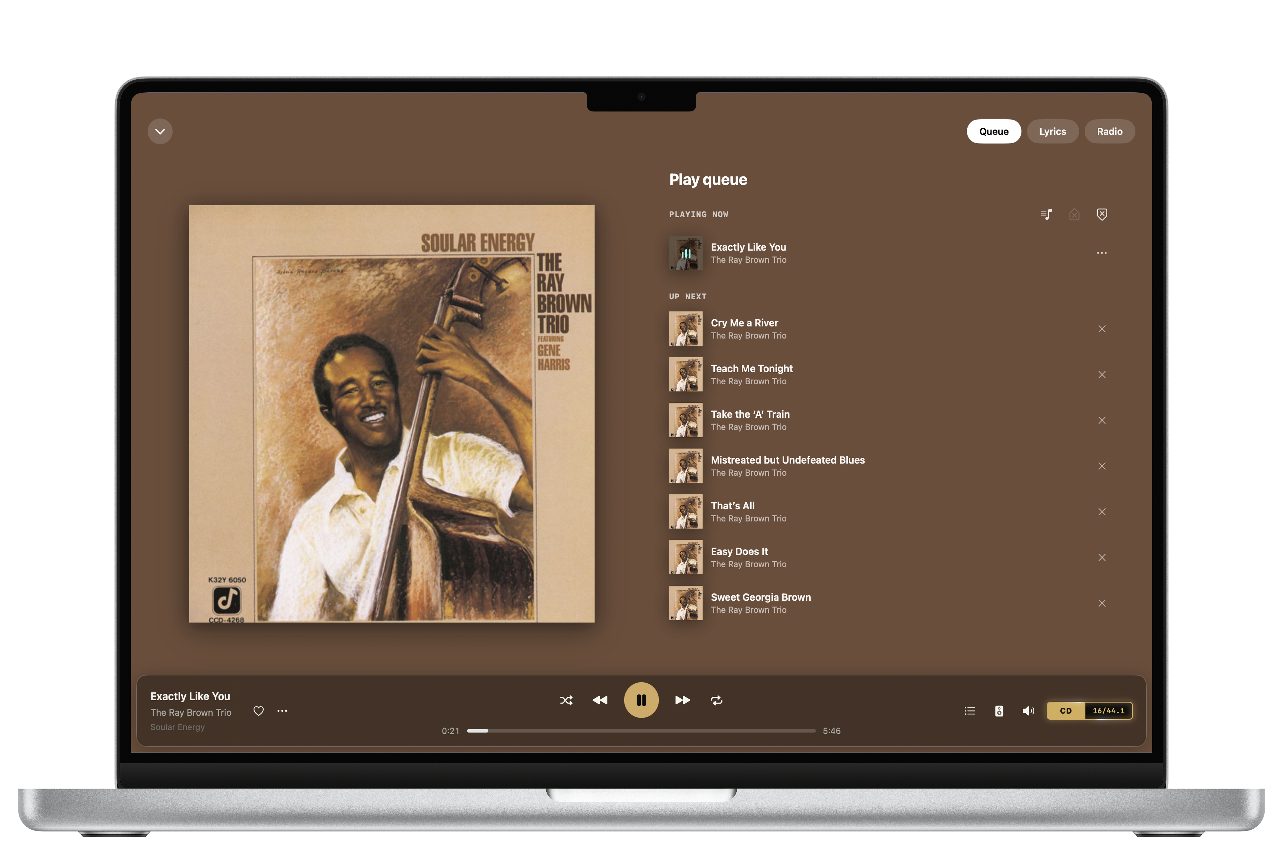 Serento on a MacBook: now playing with the play queue