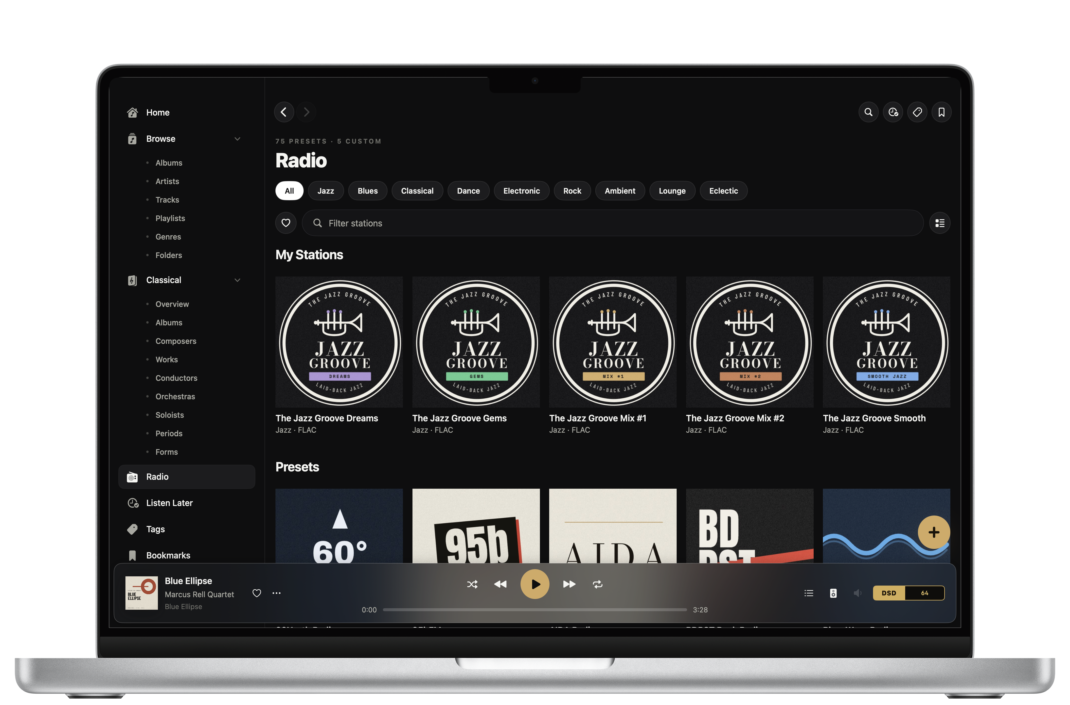 Serento on a MacBook: internet radio with presets and custom stations
