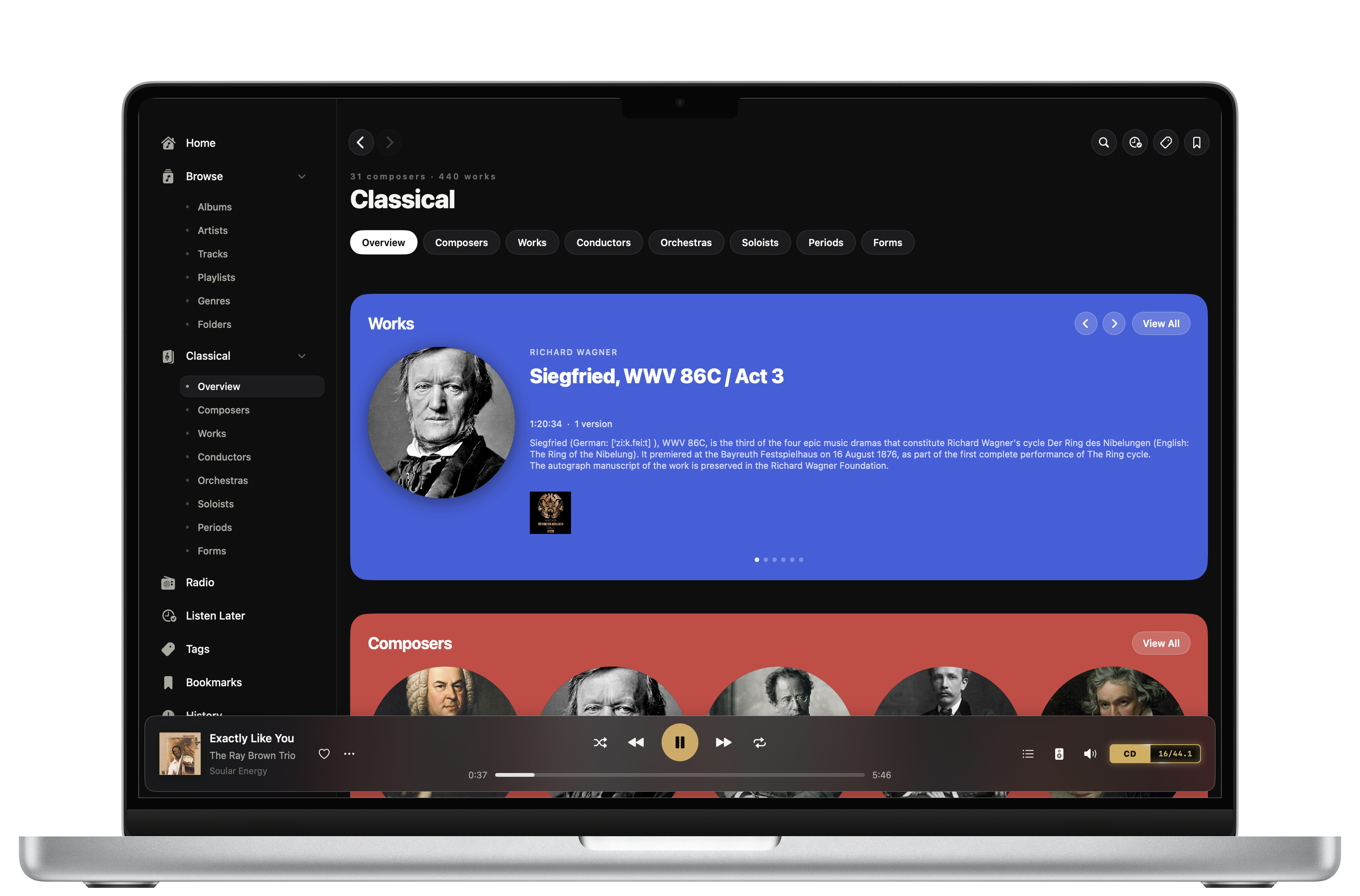Serento on a MacBook: classical section overview