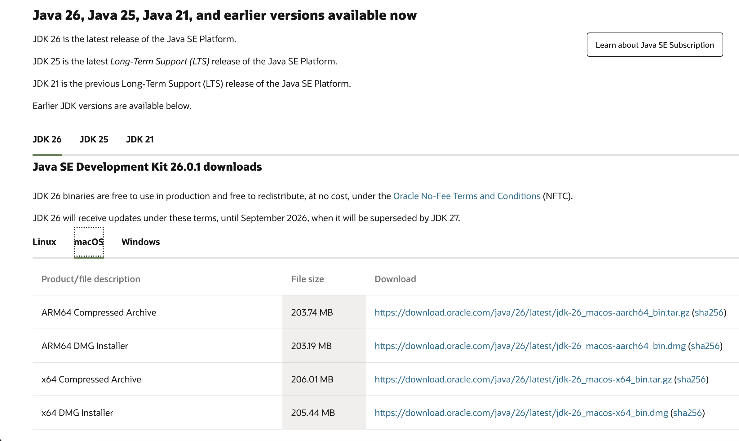 Oracle Java download page showing JDK 26