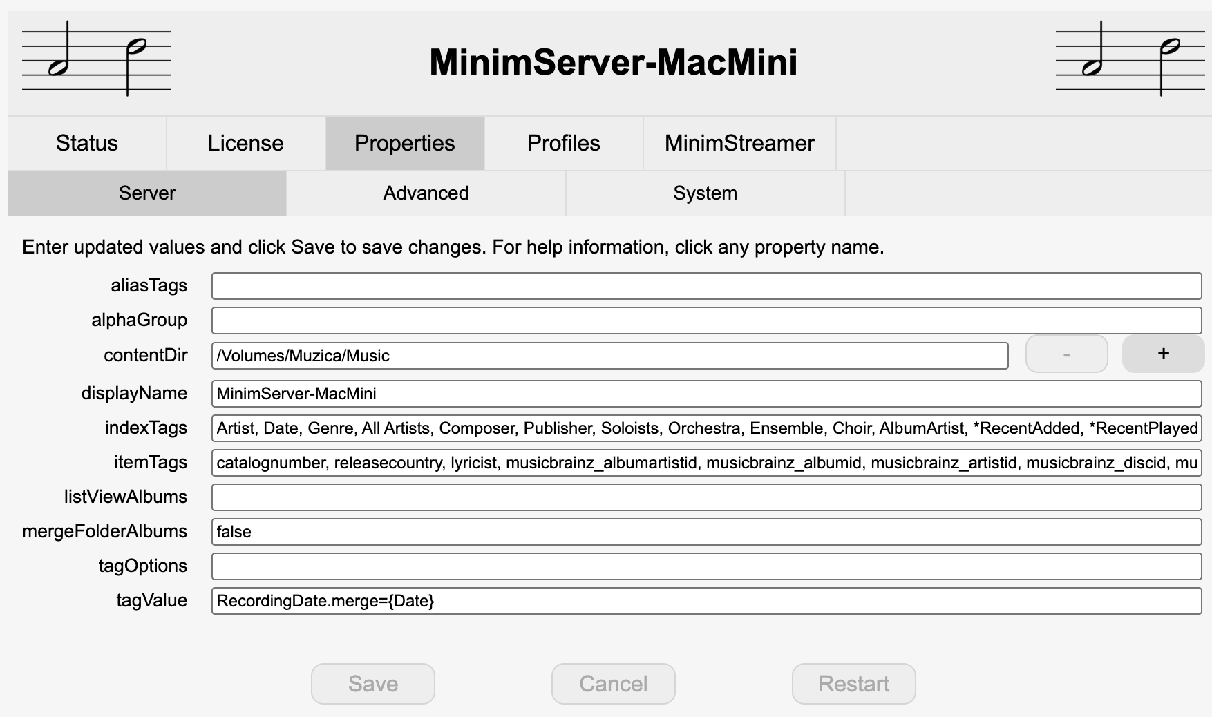 MinimServer Properties Server tab with contentDir and the recommended tags filled in