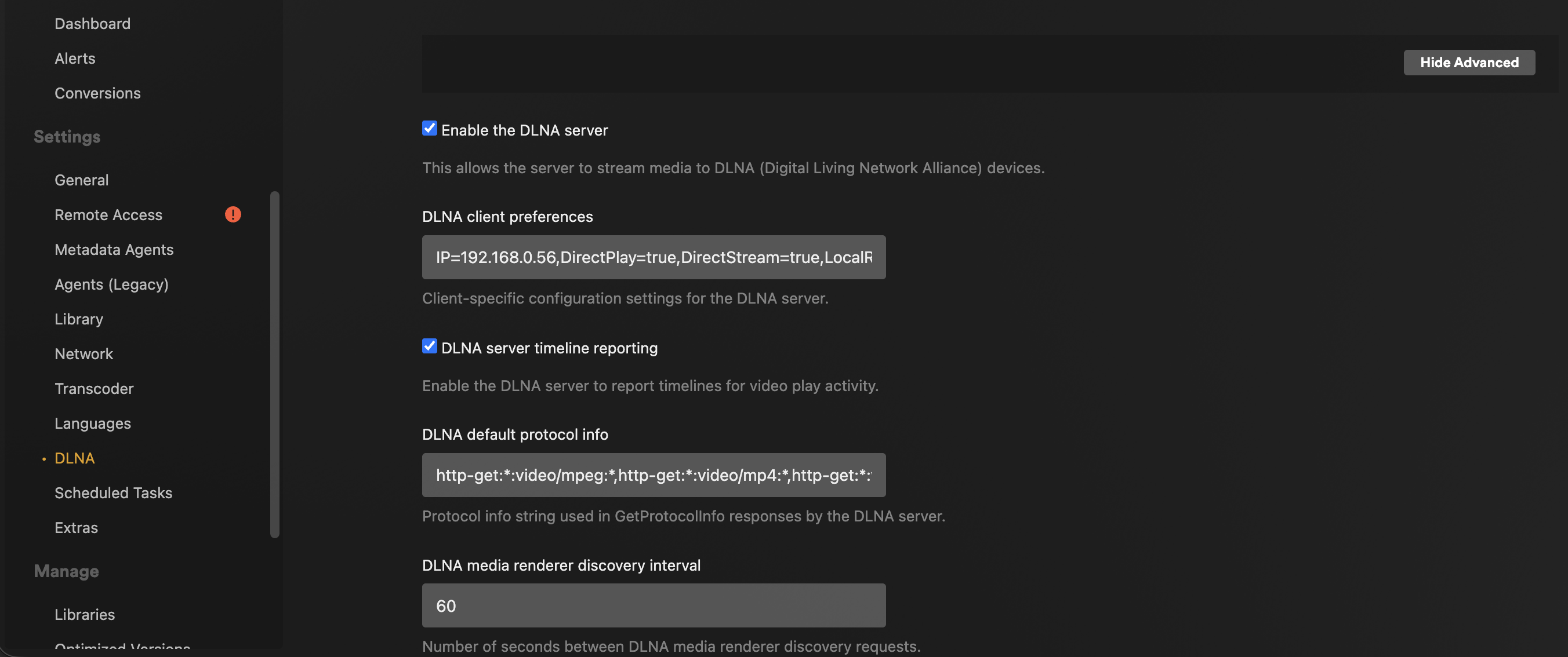 Plex Settings DLNA page with Enable the DLNA server ticked